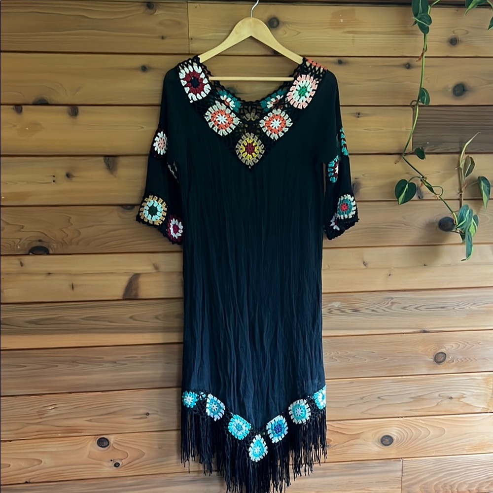 Bohemian granny square dress with fringe